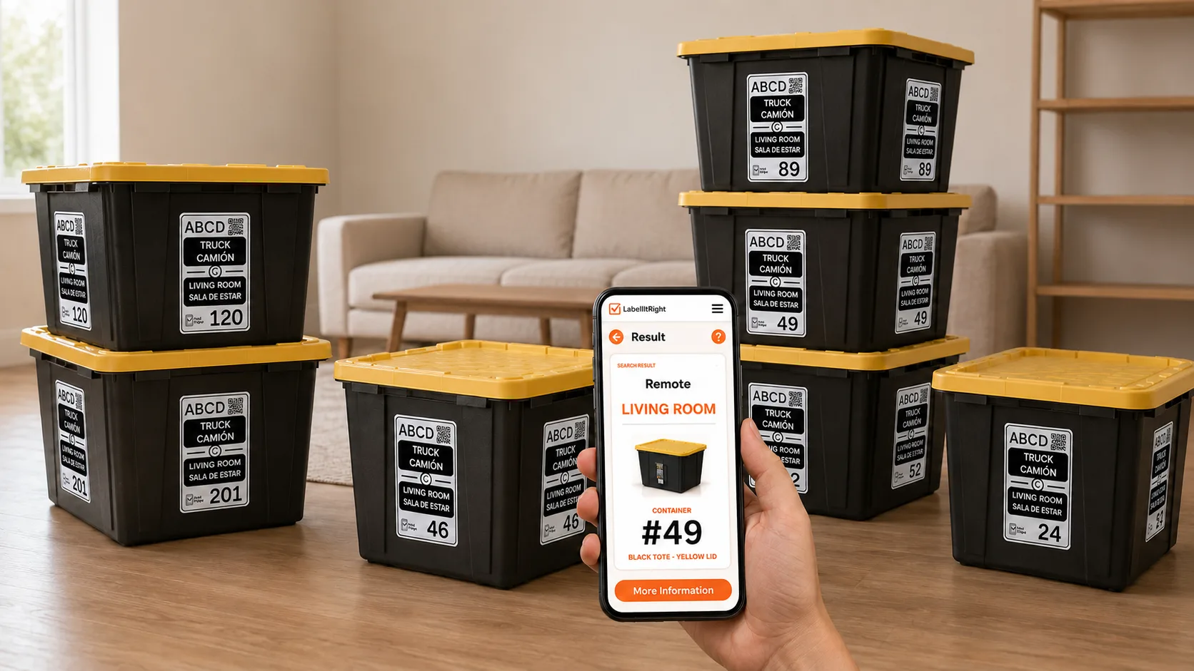 Label It Right search result for container 49 in front of labeled black bins with yellow lids