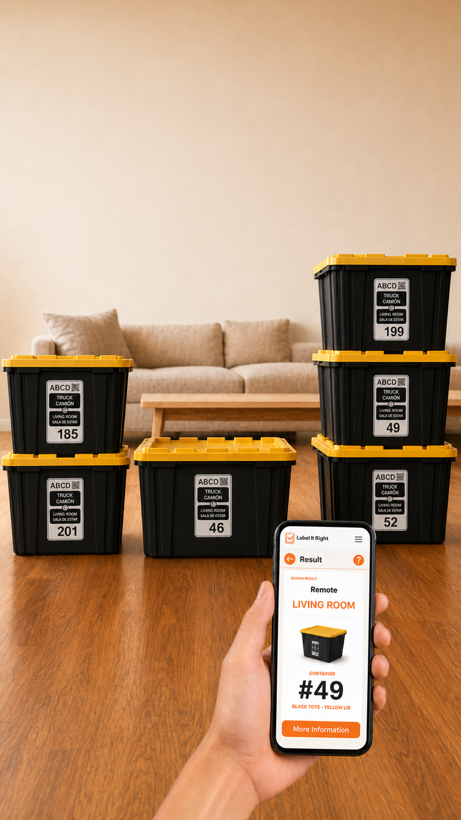 Phone showing Label It Right search result for container 49 in front of labeled black totes with yellow lids