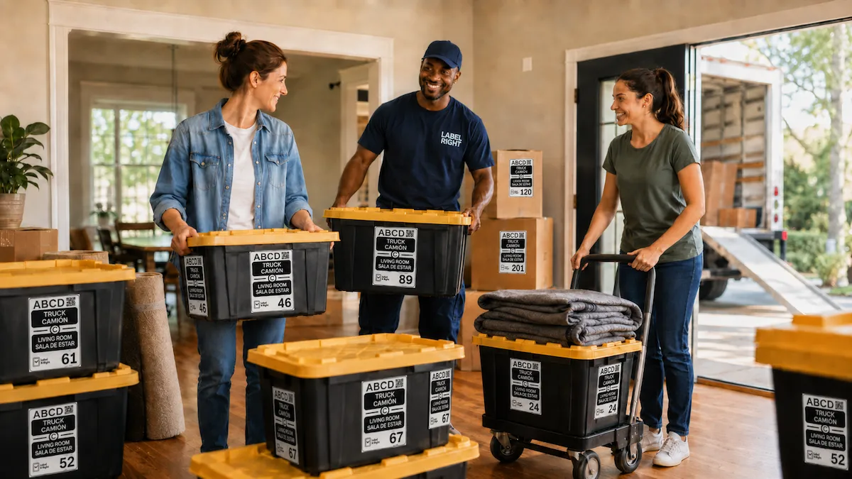 Helpers and movers coordinating a move with labeled bins
