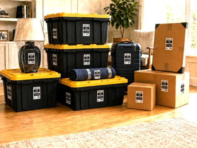 Labeled bins, boxes, and standalone moving items organized for a move